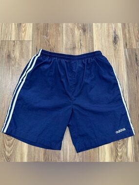 Vintage 90s Adidas Nylon Athletic 8” Shorts, Navy/White, Large